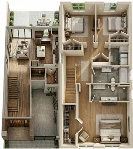 Luxurious 3D floor plan showcasing 3 bedrooms, open-concept living area, stylish kitchen, and modern bathrooms with ample natural light.
