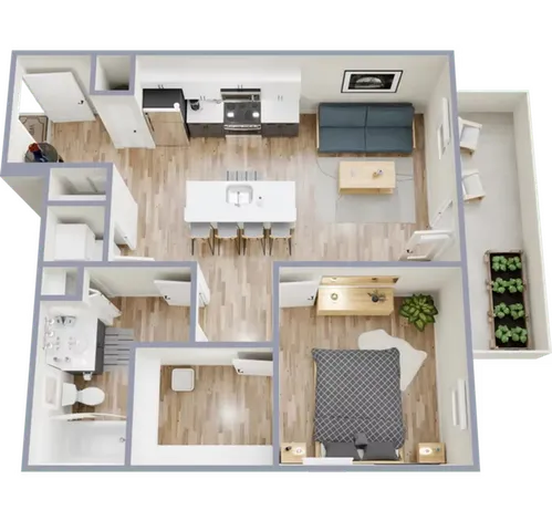 Modern open-concept floor plan showcasing a 1-bedroom apartment with a spacious kitchen, cozy living area, and stylish bathroom. Bright, inviting layout with natural wood flooring and a touch of green from a balcony garden.