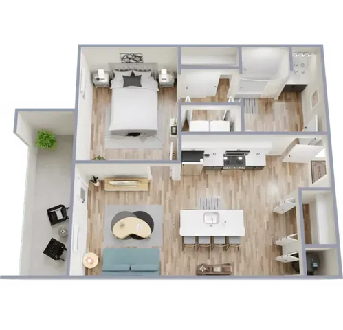 Modern open-concept apartment floor plan showcasing one bedroom, stylish kitchen, cozy living area, and private balcony.