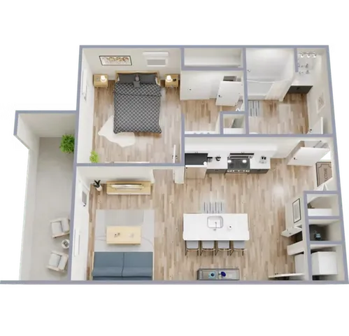 Modern apartment floor plan showcasing a spacious bedroom, chic open-plan kitchen, and cozy living area with elegant hardwood floors, complemented by a private balcony.