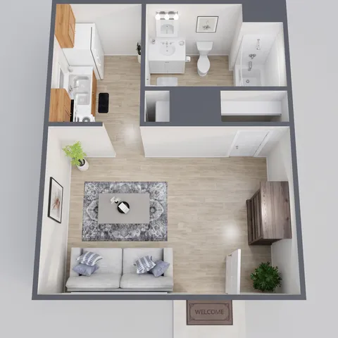 Modern open-concept studio floor plan with a sleek living area, cozy kitchen, and spacious bathroom, featuring stylish decor and natural light.