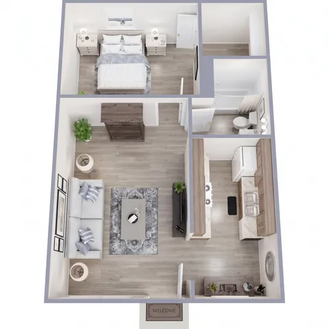 Inviting 1-bedroom apartment floor plan with cozy living area, modern kitchen, and elegant bathroom.