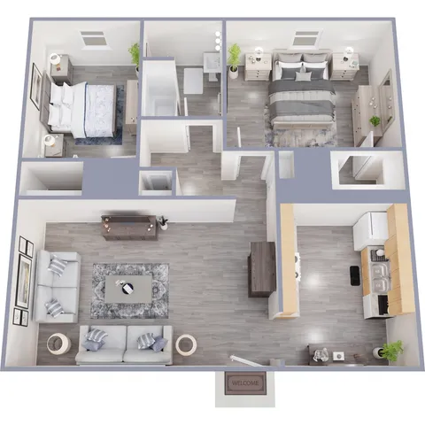 Modern apartment 3D floor plan featuring two bedrooms, an elegant open-concept living area, and a stylish kitchen with contemporary finishes.