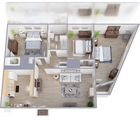 Modern 3D floor plan showcasing a spacious apartment with three bedrooms, an open-concept living and dining area, and a well-designed kitchen.