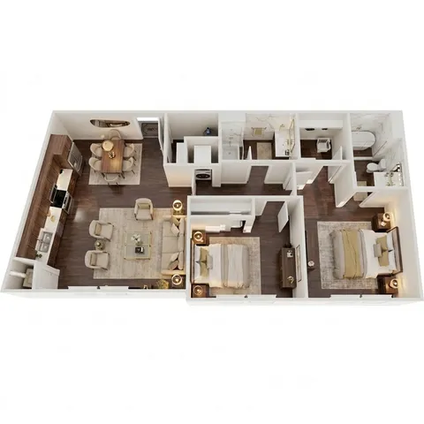 Elegant 3D floor plan showcasing 2 bedrooms, a luxurious open-concept living and dining area, and a modern kitchen with hardwood flooring.