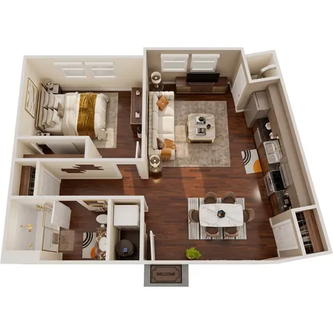 Inviting and modern 3D floor plan showcasing a cozy bedroom, elegant living room, and sleek kitchen with dining area, ideal for stylish urban living.