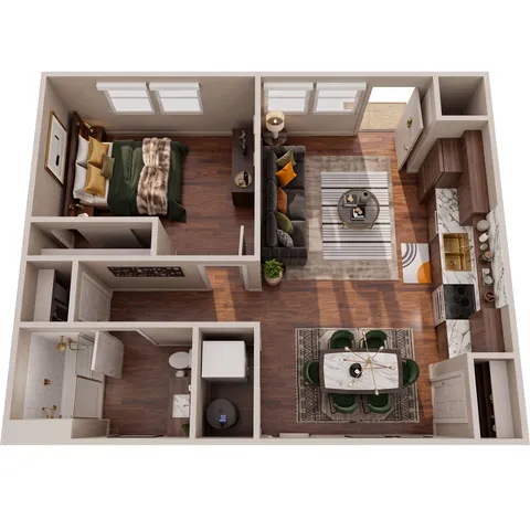 Modern apartment floor plan showcasing 1 bedroom, a cozy living area, and a sleek kitchen with elegant finishes.