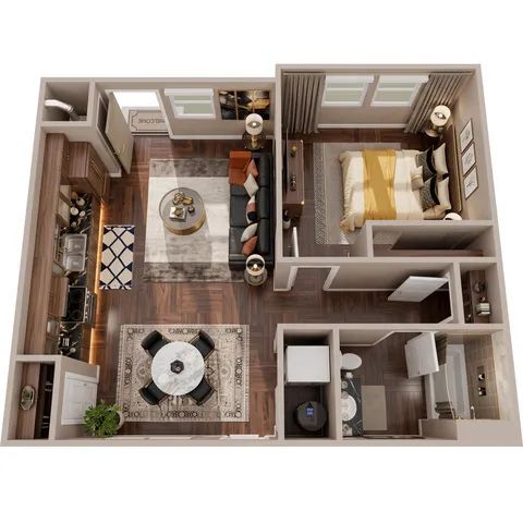 Modern 3D apartment layout showcasing a cozy bedroom, elegant living area, stylish kitchen, and sophisticated bathroom design.