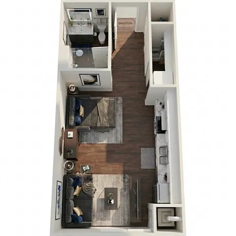Sophisticated apartment layout featuring an open-concept living area, compact kitchen with modern appliances, a comfortable lounge space, and a full bathroom. Wooden flooring adds elegance throughout.