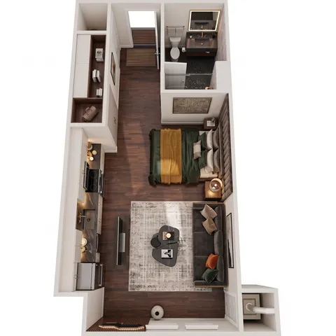 Modern 1-bedroom apartment floor plan with an elegant open-concept living area, stylish kitchen, and sleek bathroom design.