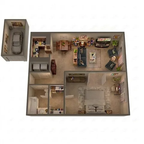 Modern 3D floor plan showcasing a single bedroom, cozy living area, elegant dining space, and compact kitchen, complete with a stylish garage.