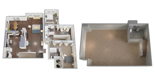 Modern 3D floor plan showcasing 2 bedrooms, open-concept living and dining area, spacious kitchen, and a large open basement space.