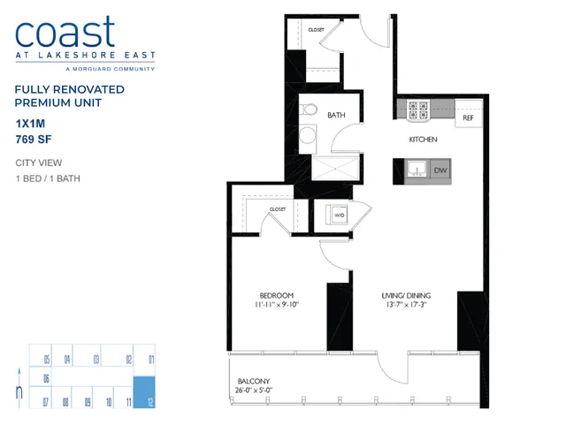 Elegant floor plan of a fully renovated premium unit at Coast at Lakeshore East, featuring 1 bedroom, 1 bath, and open living/dining area. Includes a modern kitchen and spacious balcony with city view, totaling 769 sq ft.