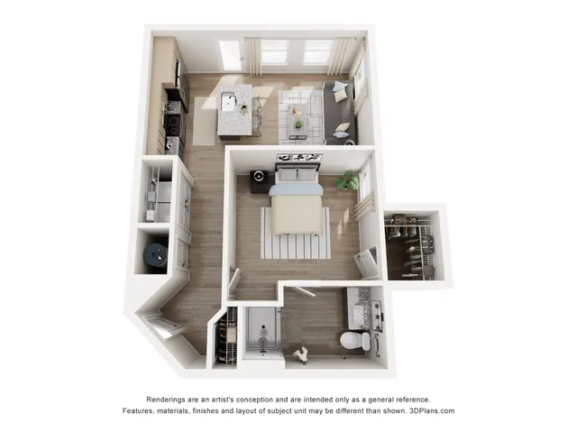 Charming 3D floor plan showcasing a cozy one-bedroom apartment with a sleek open-concept kitchen, inviting living area, and well-designed bathroom.