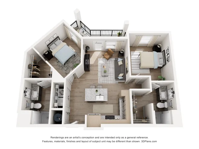 Elegant 3D floor plan showcasing 2 bedrooms, a modern living area, and a stylish open kitchen, complete with two bathrooms and a charming balcony view.