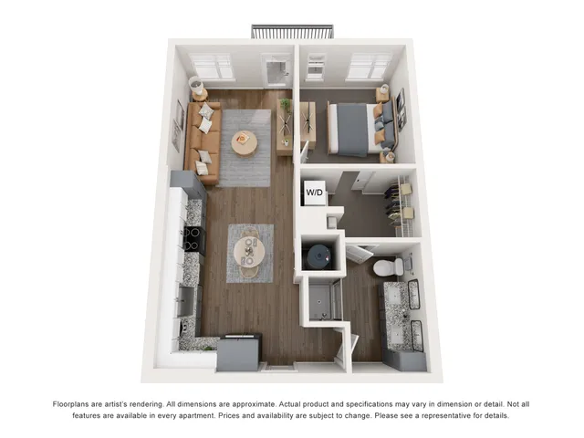 Modern 3D floor plan showcasing a cozy 1-bedroom apartment with an open-concept living room, stylish kitchen, and elegant bathroom.