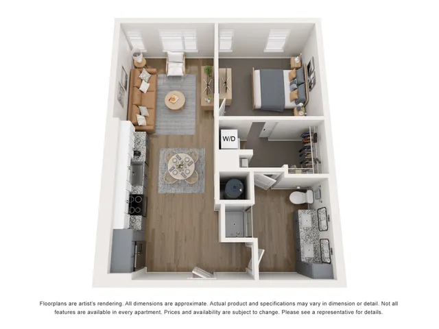 Modern 3D floor plan showcasing a cozy 1-bedroom apartment with open-concept living area, stylish kitchen, and convenient laundry space.