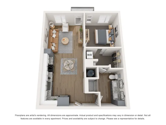 Modern 3D floor plan featuring a spacious 1 bedroom apartment with an elegant open-concept living area and a stylish kitchen.