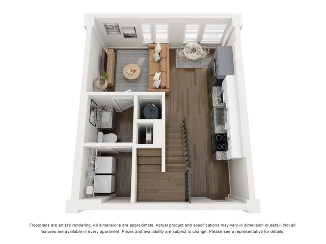 Inviting 3D floor plan showcasing an open-concept living and dining area, modern kitchen, and cozy bathroom layout.