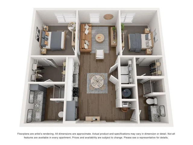 Modern 3D floor plan showing 2 bedrooms, a cozy living room, stylish kitchen, and 2 elegant bathrooms, designed for optimal comfort and functionality.