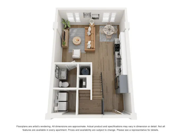 Chic 3D floor plan displaying an open-concept living area with stylish furnishing, modern kitchen, and compact bathroom layout.