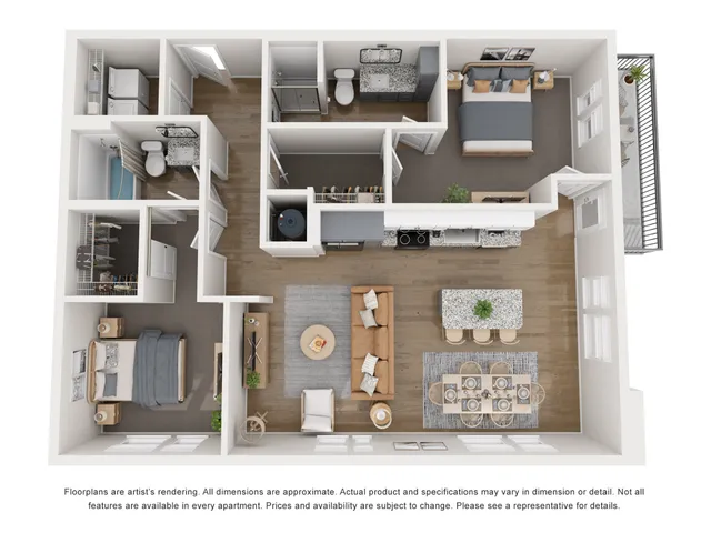 Modern 2D floor plan showcasing 2 bedrooms, elegant open-concept living and dining area, sleek kitchen, and private balcony.