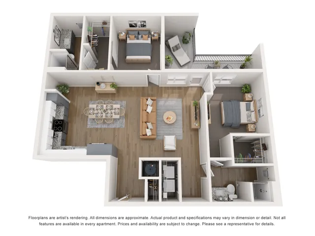 Bright 3D floor plan showcasing 2 bedrooms, a cozy living room, modern kitchen, and private balcony, ideal for stylish urban living.