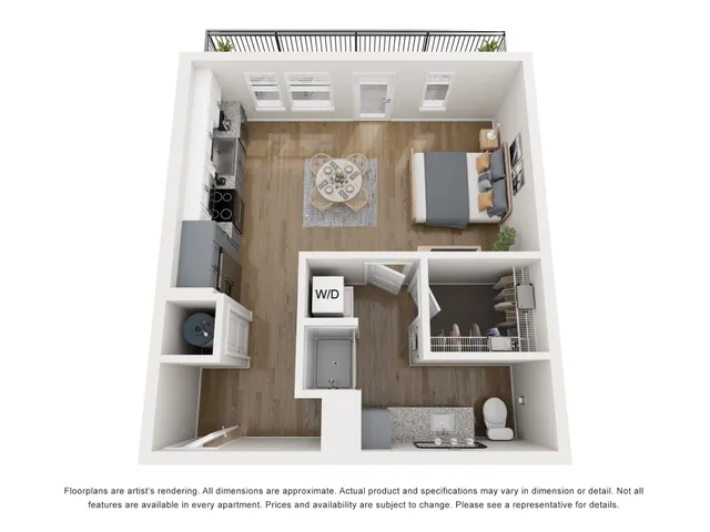 Charming 3D floor plan showcasing a cozy 1-bedroom layout with a sleek kitchen, inviting living area, modern bathroom, and private balcony access.