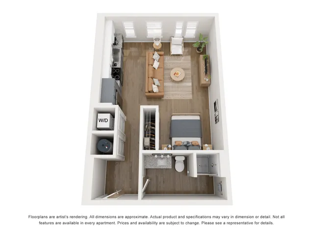 Modern 3D floor plan featuring a cozy 1-bedroom layout with an open living room, stylish kitchen, and convenient bathroom. Includes in-unit washer and dryer.