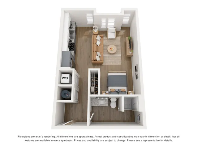 Chic 3D floor plan showcasing a cozy 1-bedroom apartment with an open living area, stylish kitchen, and convenient in-unit washer/dryer.