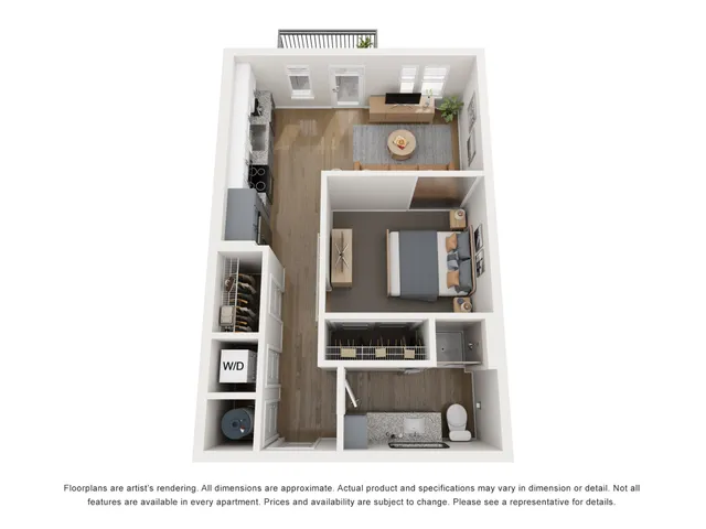 Modern 3D floor plan featuring one-bedroom, open living area, sleek kitchen, and compact bathroom with washer/dryer.
