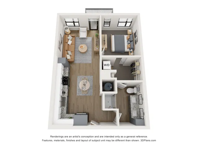 Modern 3D floor plan showcasing 1 bedroom apartment with spacious living room, sleek kitchen, elegant bathroom, and cozy dining area.