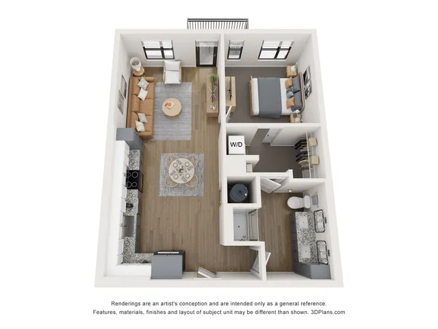 Modern 3D floor plan showcasing a cozy one-bedroom apartment with open living space, stylish kitchen, and spacious bathroom.