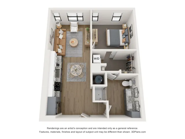 Modern 3D apartment floor plan showcasing a cozy one-bedroom layout with an inviting living room, functional kitchen, and spacious bathroom, enhanced with stylish furnishings.