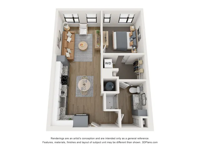 Modern 3D floor plan featuring a cozy one-bedroom apartment with open living area, sleek kitchen, and convenient in-unit laundry area.