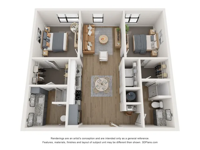 Modern 3D floor plan showcasing 2 bedrooms, a cozy living room, and a sleek kitchen, perfect for stylish urban living.