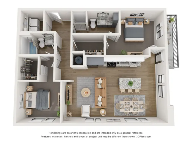 Modern 3D floor plan showcasing two spacious bedrooms, an open-concept living and dining area, a stylish kitchen with breakfast bar, and a private balcony.