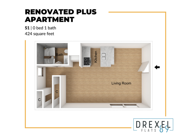424 sq ft Studio 1 bath