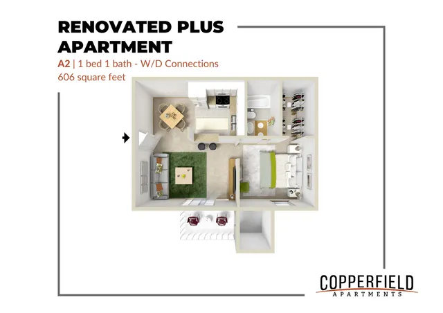 3D floor plan of a Renovated Plus Apartment featuring 1 bedroom, 1 bathroom, and a compact living area with a kitchen.