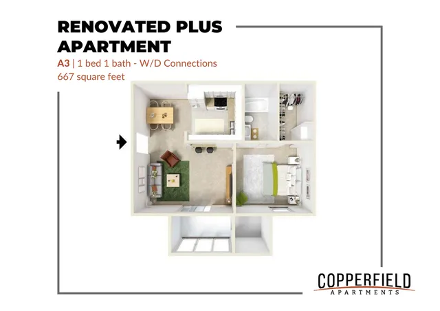 3D floor plan of the Copperfield Apartments A3 unit, featuring 1 bedroom, 1 bathroom, and an open-concept kitchen and living area, totaling 667 square feet.