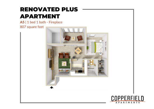 3D floor plan of a Renovated Plus Apartment featuring 1 bedroom, 1 bath, fireplace, and open living area, 807 square feet.