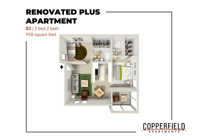 3D floor plan of a Renovated Plus Apartment with 2 bedrooms and 2 bathrooms, covering 958 square feet.