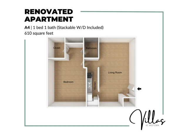 Chic renovated A4 apartment floor plan showcasing 1 bedroom, 1 bathroom, modern kitchen, and inviting living room. Includes stackable washer/dryer in 610 square feet. Villas at Midtown.