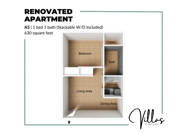 Stylish renovated apartment floor plan featuring 1 bedroom, 1 bath, and a cozy living area with dining space in Villas at Midtown, 630 square feet.