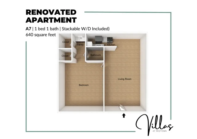 Modern 3D floor plan showcasing a renovated 1 bed 1 bath apartment with a spacious living area, kitchen, and ample closet space; includes stackable washer and dryer, all within 640 square feet at Villas at Midtown.