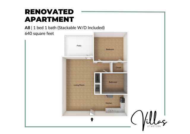 Modern floor plan of a renovated 1 bed, 1 bath apartment with stackable washer/dryer, featuring an open living room, cozy bedroom, and private patio at Villas at Midtown, 640 square feet.