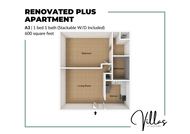 Modern 3D floor plan of a renovated plus apartment featuring 1 bedroom, 1 bathroom, and a cozy kitchen, spanning 600 square feet at Villas at Midtown.