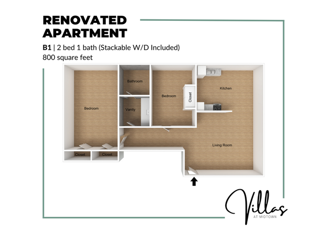 Modern B1 floor plan featuring a renovated 2-bedroom, 1-bath apartment with a stackable washer/dryer, spacious kitchen, open living room, and ample closet space, totaling 800 square feet at Villas at Midtown.