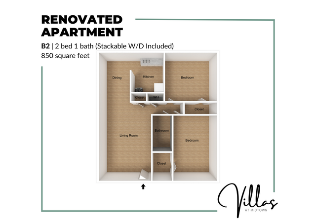 Renovated apartment floor plan at Villas at Midtown featuring 2 bedrooms, 1 bathroom, spacious living and dining areas, and a modern kitchen. Includes stackable washer/dryer in 850 square feet.
