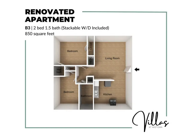 Modern floor plan of a renovated 2 bed, 1.5 bath apartment featuring an open kitchen, spacious living room, and convenient in-unit laundry, total 850 square feet.